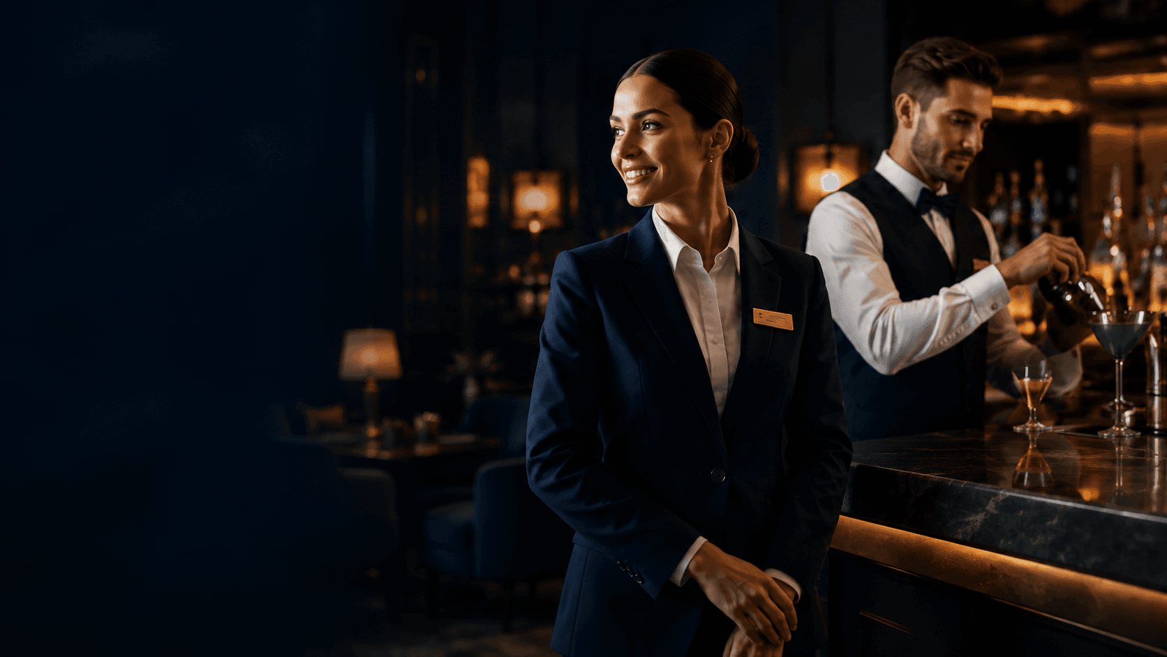 Hospitality professionals at work in a premium venue