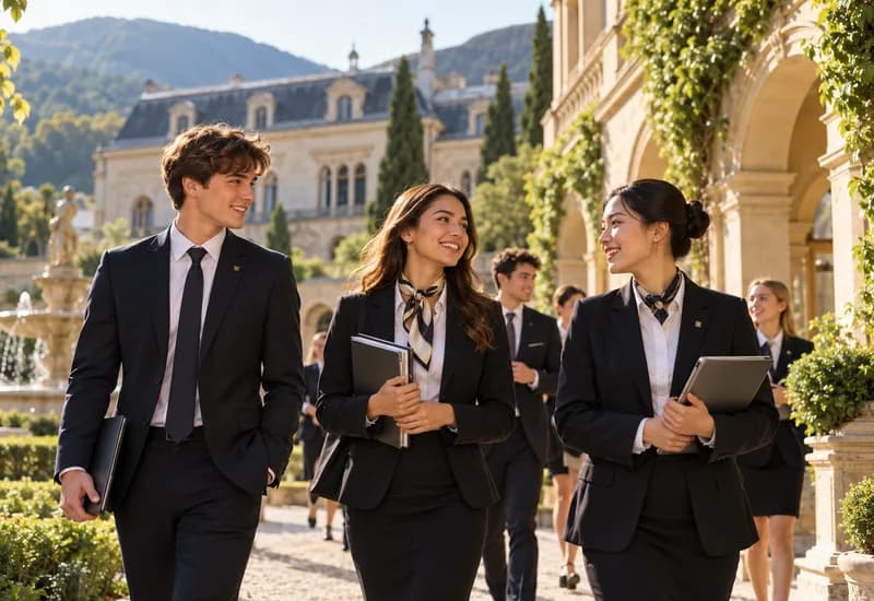 Three young hospitality students in professional attire walking together through a sunlit courtyard outside a historic building.